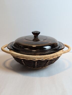 Vintage Pyrex Visions Amber Glass Covered Casserole with Woven Basket Carrier